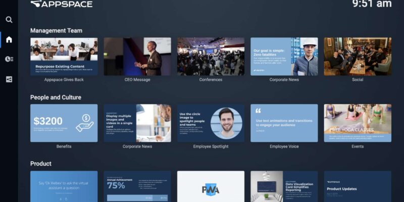 Appspace employee communication and digital signage dashboard interface for workplace management and internal communications