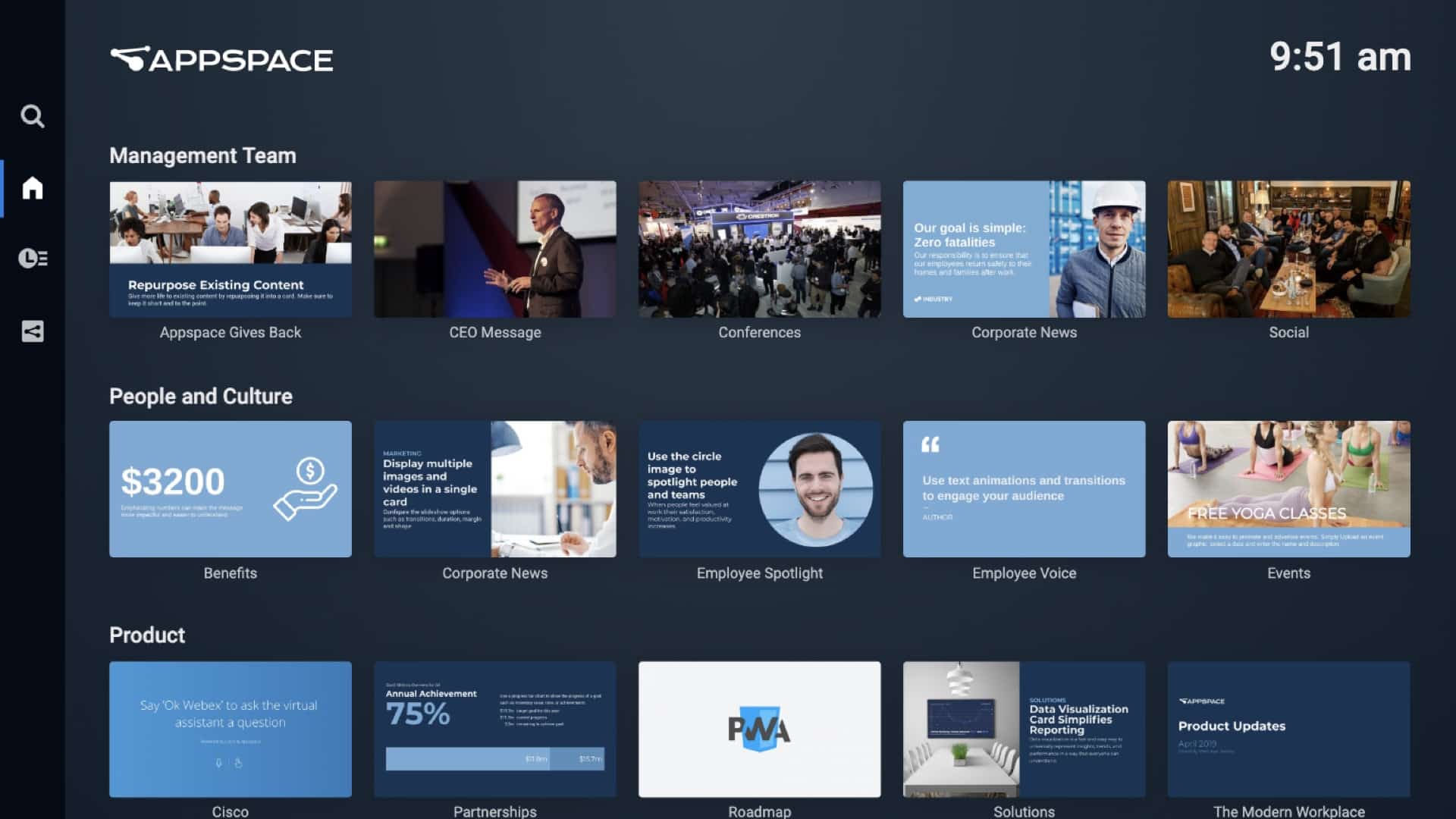 Appspace employee communication and digital signage dashboard interface for workplace management and internal communications