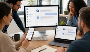 Team collaborating with a chatbot for internal employees across desktop, laptop, and mobile devices in a modern office setting.