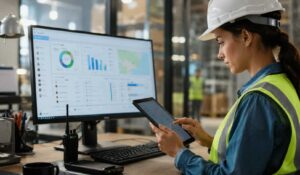 Photorealistic dashboard and mobile communication platform showcasing Communication Solutions for Deskless Workers in a modern industrial workplace.