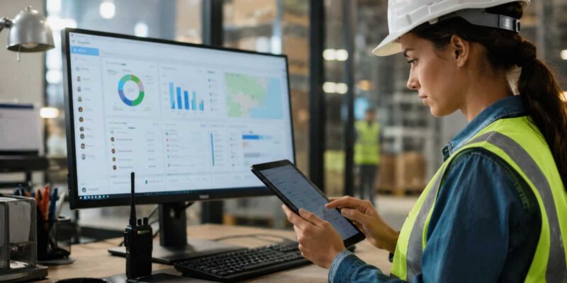 Photorealistic dashboard and mobile communication platform showcasing Communication Solutions for Deskless Workers in a modern industrial workplace.