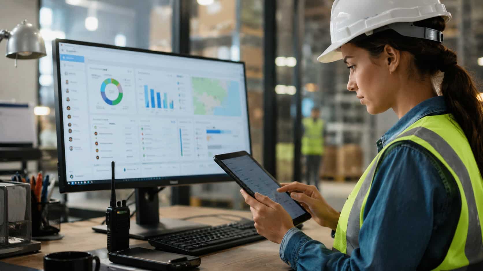 Photorealistic dashboard and mobile communication platform showcasing Communication Solutions for Deskless Workers in a modern industrial workplace.
