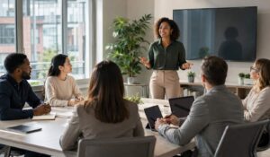 Diverse team participating in employee development training in a modern office.