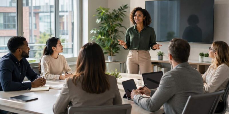 Diverse team participating in employee development training in a modern office.