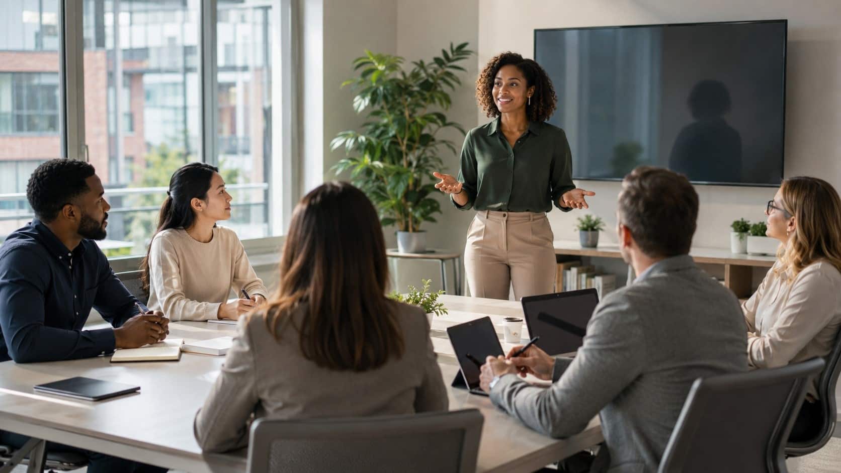 Diverse team participating in employee development training in a modern office.