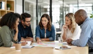 Team brainstorming employee engagement ideas during a collaborative office meeting.