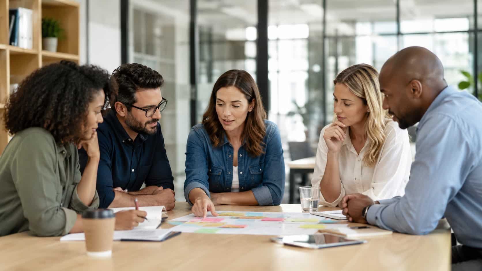 Team brainstorming employee engagement ideas during a collaborative office meeting.