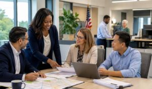 employee engagement in public sector team collaborating in a modern government office meeting.