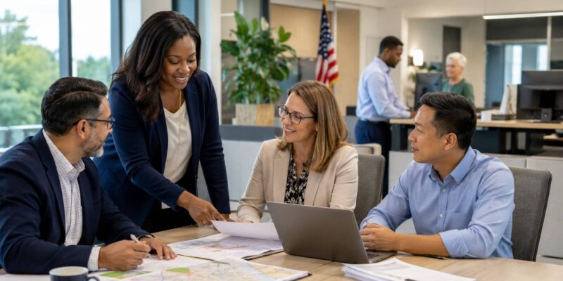 employee engagement in public sector team collaborating in a modern government office meeting.
