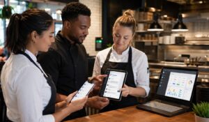 Restaurant employees using an employee messaging app for restaurant staff on mobile devices and dashboard in a modern kitchen.