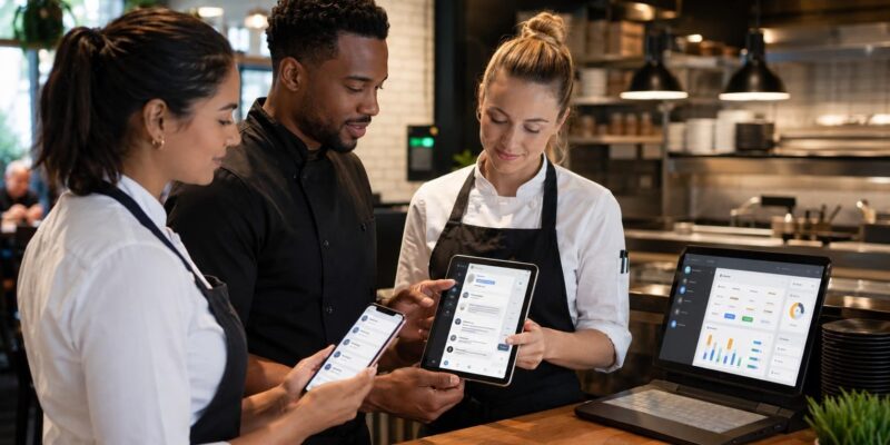 Restaurant employees using an employee messaging app for restaurant staff on mobile devices and dashboard in a modern kitchen.