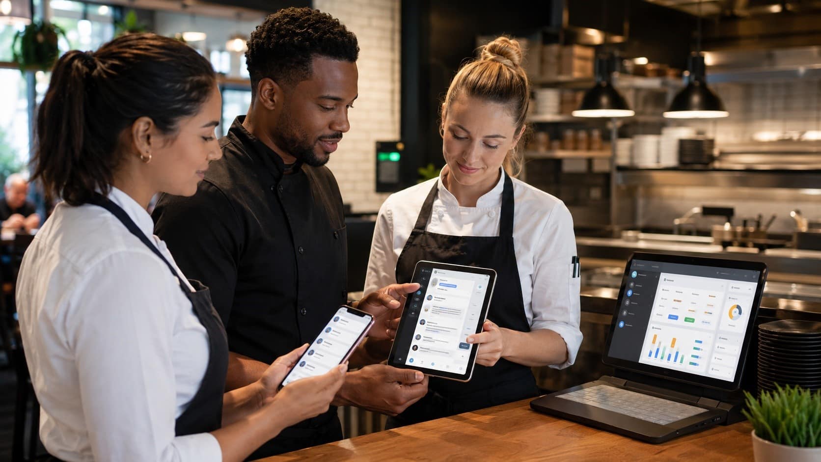 Restaurant employees using an employee messaging app for restaurant staff on mobile devices and dashboard in a modern kitchen.