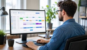 Employee using employee scheduling software to manage staff shifts and work schedules on a desktop computer.