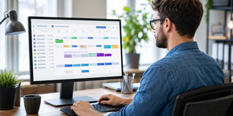 Employee using employee scheduling software to manage staff shifts and work schedules on a desktop computer.