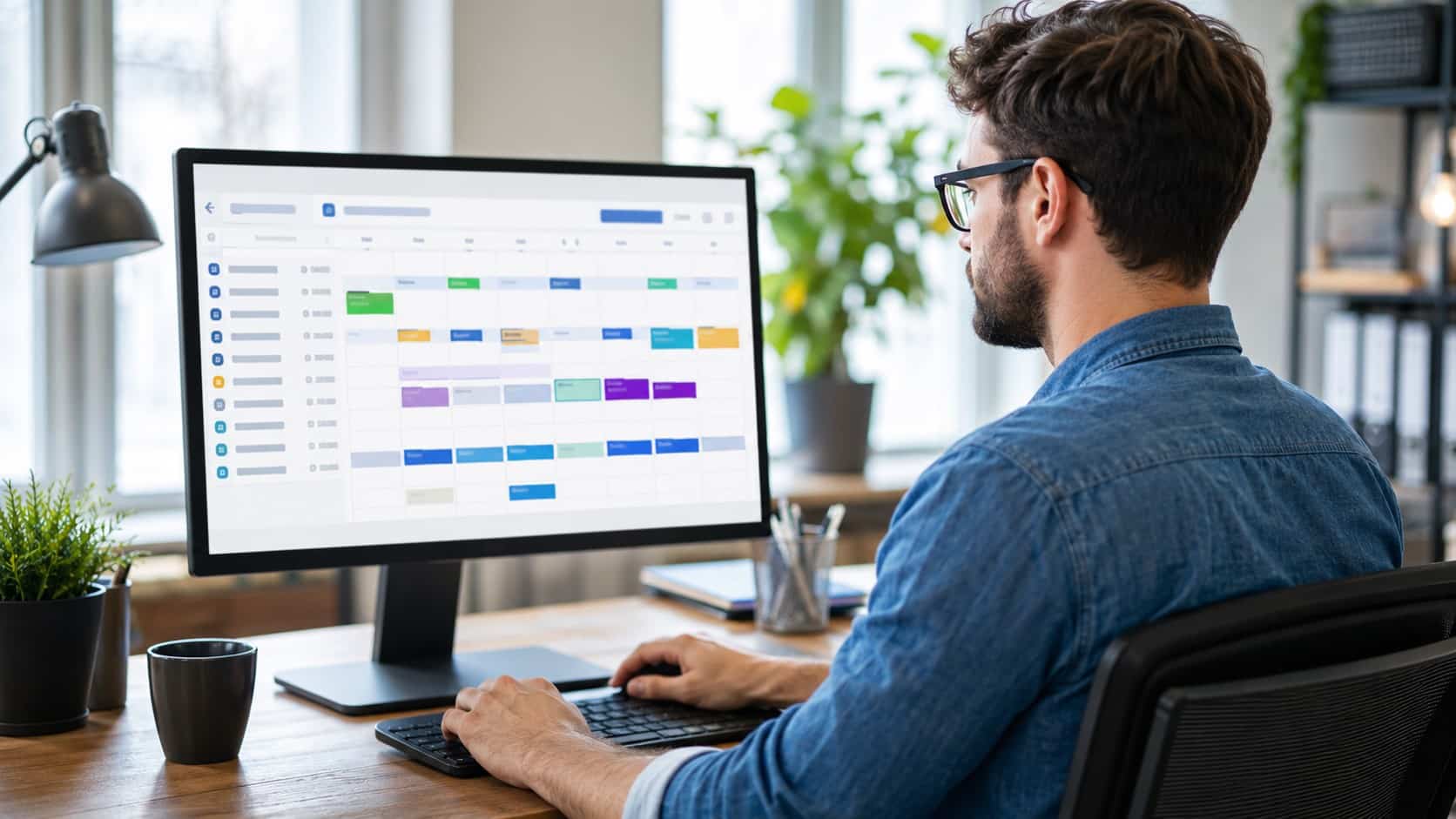 Employee using employee scheduling software to manage staff shifts and work schedules on a desktop computer.