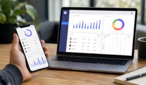 Employee timesheet app dashboard displayed on mobile and laptop for tracking work hours, productivity, and employee attendance.