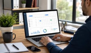 Professional using a digital Employee Timesheet Template dashboard on a laptop in a modern office workspace.