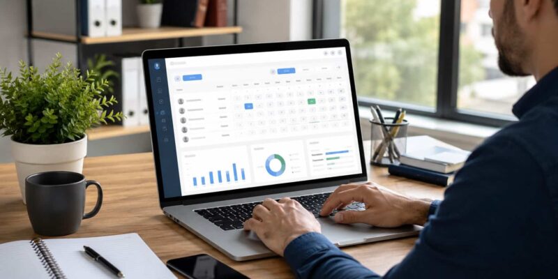 Professional using a digital Employee Timesheet Template dashboard on a laptop in a modern office workspace.