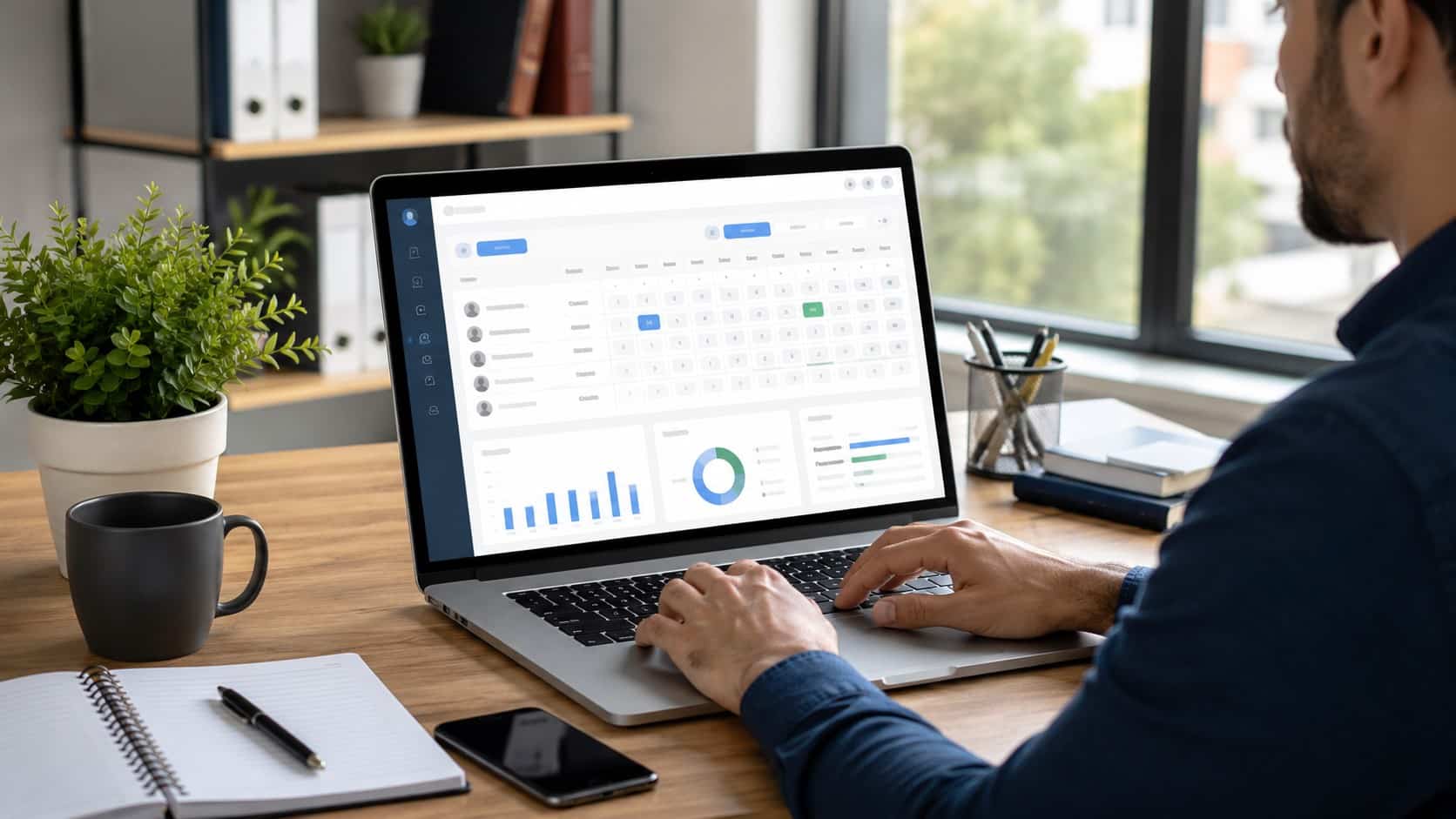 Professional using a digital Employee Timesheet Template dashboard on a laptop in a modern office workspace.