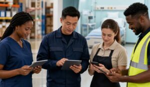 Frontline employee communication across healthcare, warehouse, retail, and field teams using mobile devices.