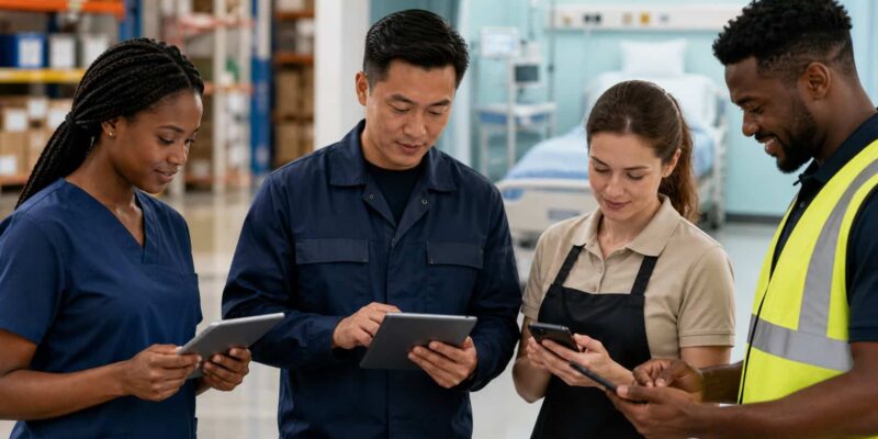 Frontline employee communication across healthcare, warehouse, retail, and field teams using mobile devices.