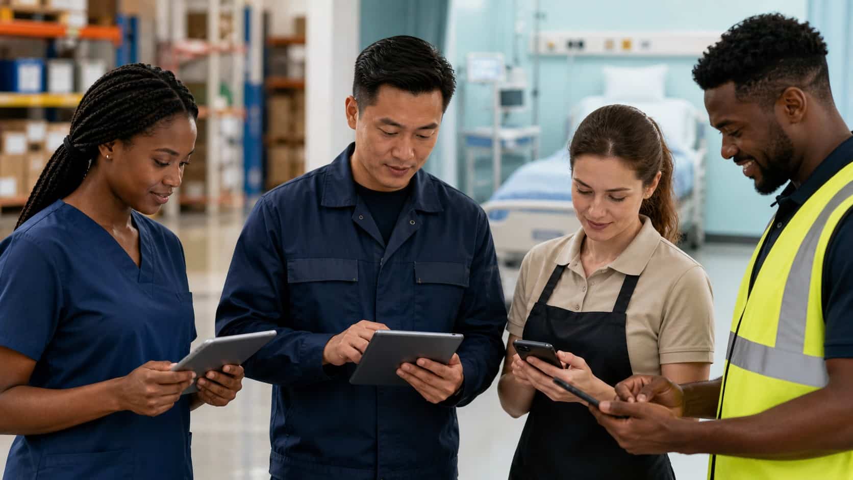 Frontline employee communication across healthcare, warehouse, retail, and field teams using mobile devices.
