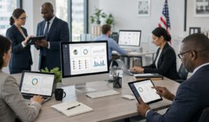 Government HR software dashboard used by public sector officers on laptops, tablets, and desktop devices in a modern office.