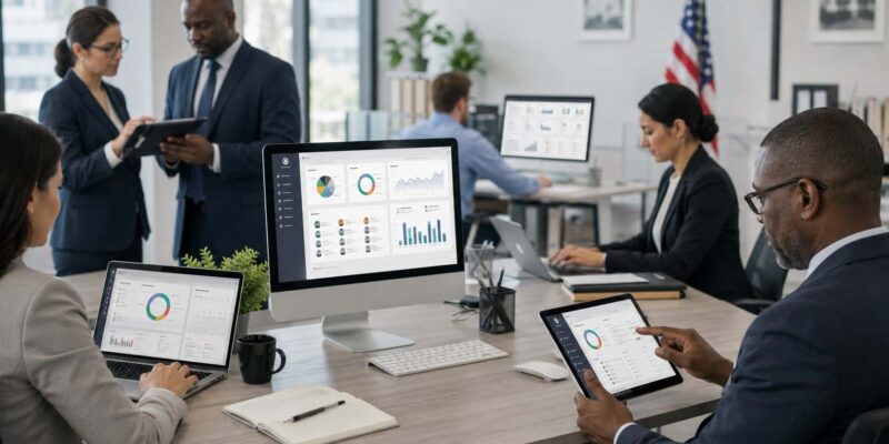 Government HR software dashboard used by public sector officers on laptops, tablets, and desktop devices in a modern office.