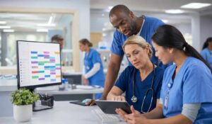 Healthcare professionals using healthcare staff scheduling software to coordinate shifts and manage schedules in a hospital setting.