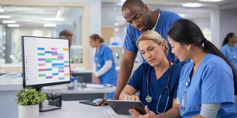 Healthcare professionals using healthcare staff scheduling software to coordinate shifts and manage schedules in a hospital setting.