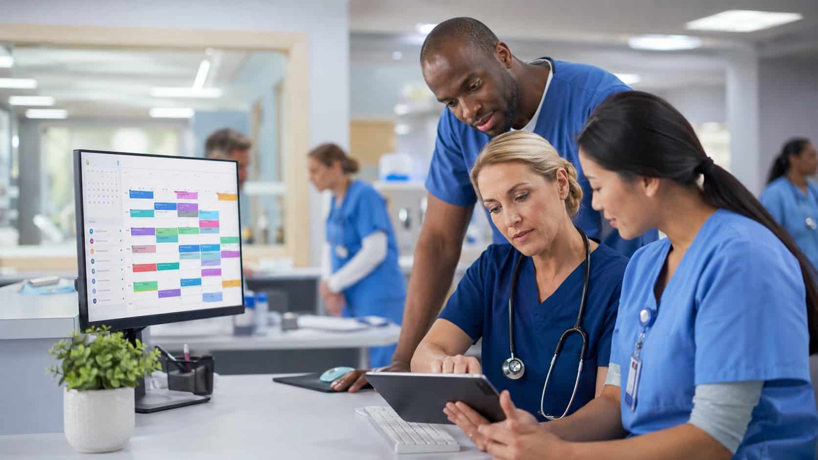 Healthcare professionals using healthcare staff scheduling software to coordinate shifts and manage schedules in a hospital setting.