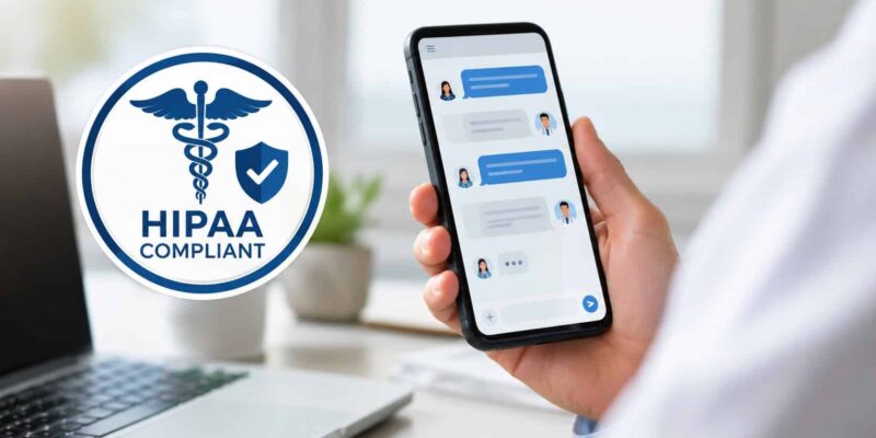 Healthcare professional using a HIPAA compliant messaging app on a smartphone with secure medical chat and HIPAA compliance icon displayed.