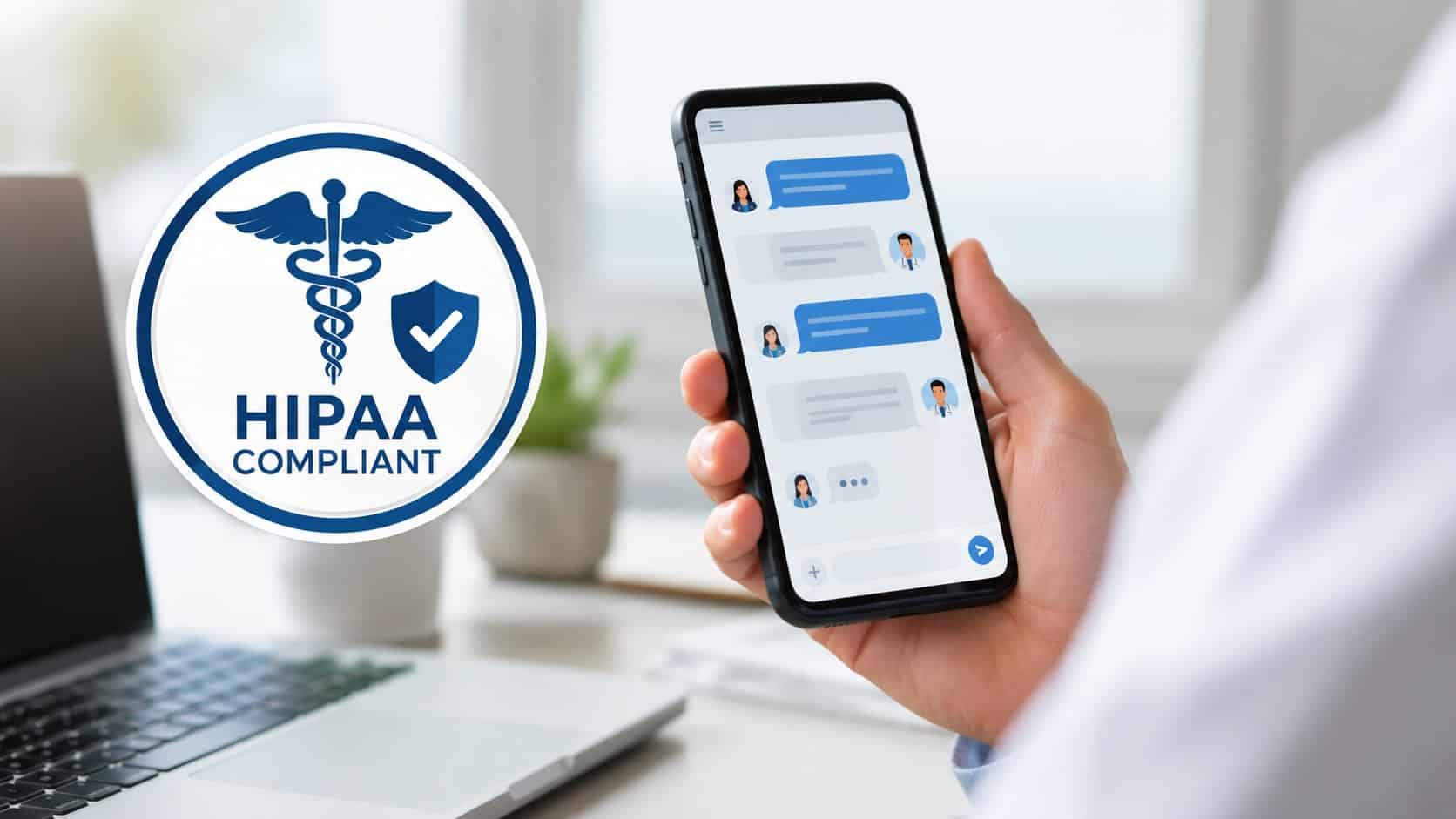 Healthcare professional using a HIPAA compliant messaging app on a smartphone with secure medical chat and HIPAA compliance icon displayed.