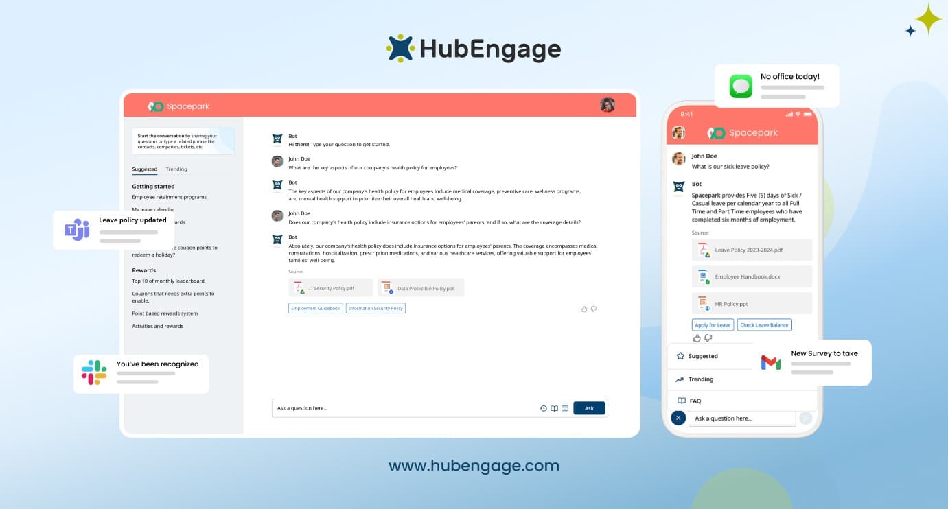 HubEngage Chatbots for internal employees dashboard displayed across desktop and mobile dashboards for HR support, leave management, and workplace communication.