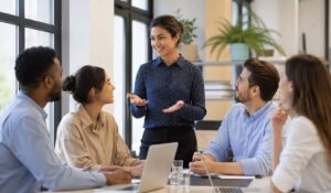 Team collaboration meeting in a modern office discussing strategies to improve internal communications.