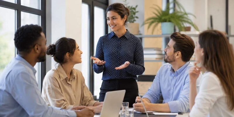 Team collaboration meeting in a modern office discussing strategies to improve internal communications.