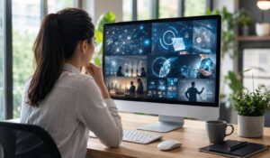 Professional analyzing digital dashboards showcasing modern internal communication trends and workplace technology innovations on a large screen.