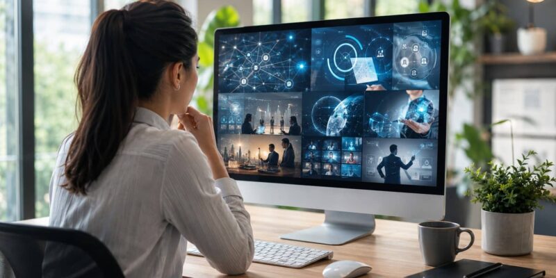 Professional analyzing digital dashboards showcasing modern internal communication trends and workplace technology innovations on a large screen.