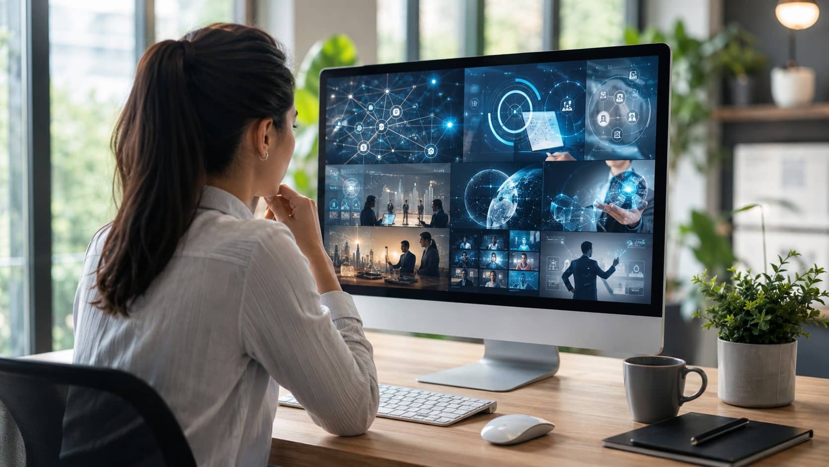 Professional analyzing digital dashboards showcasing modern internal communication trends and workplace technology innovations on a large screen.