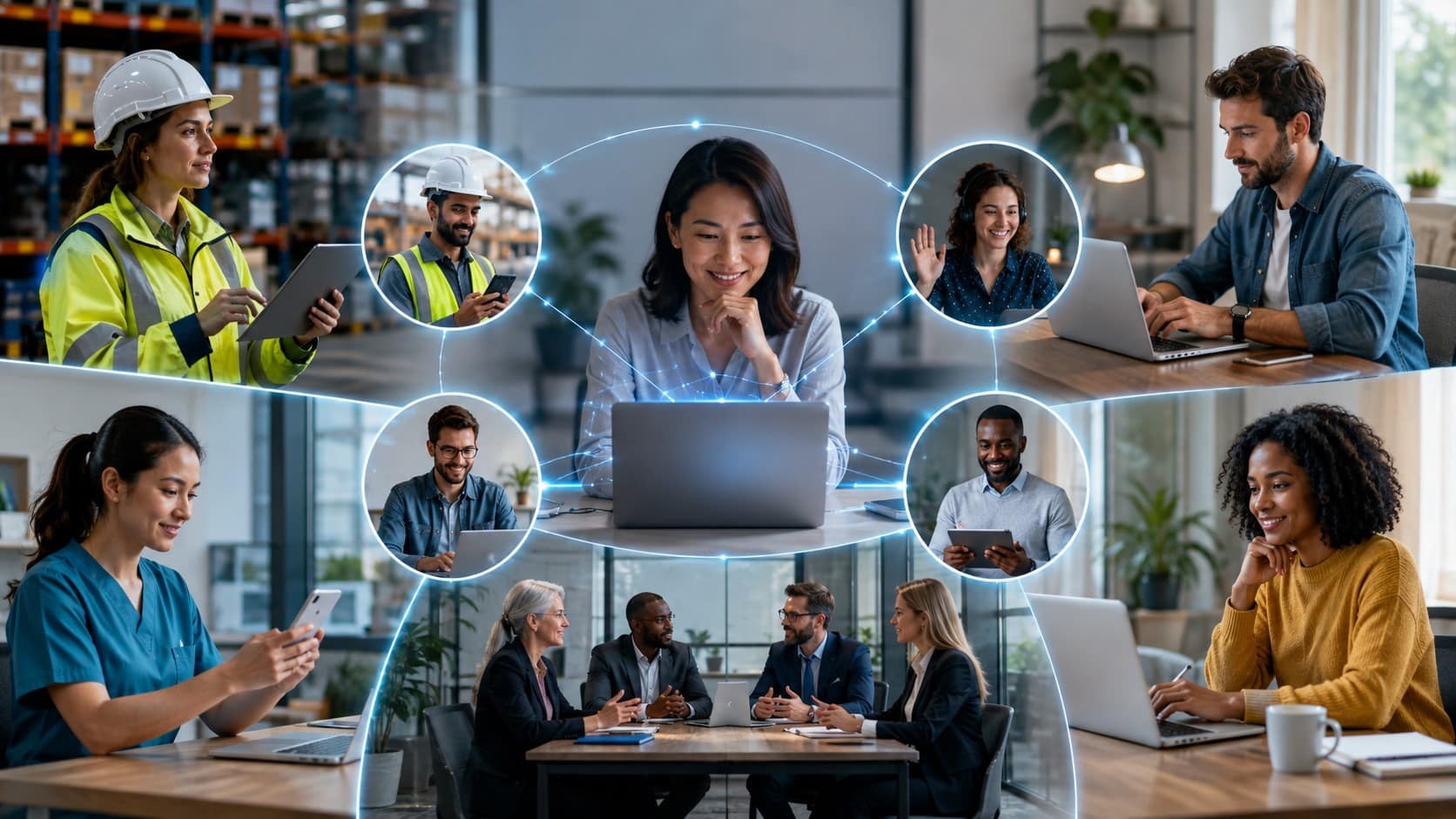 Different workplace teams connecting through a digital platform, highlighting modern internal communication trends.