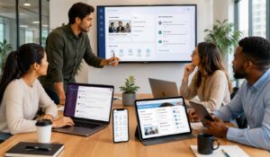 team using intranet collaboration tools for productive work