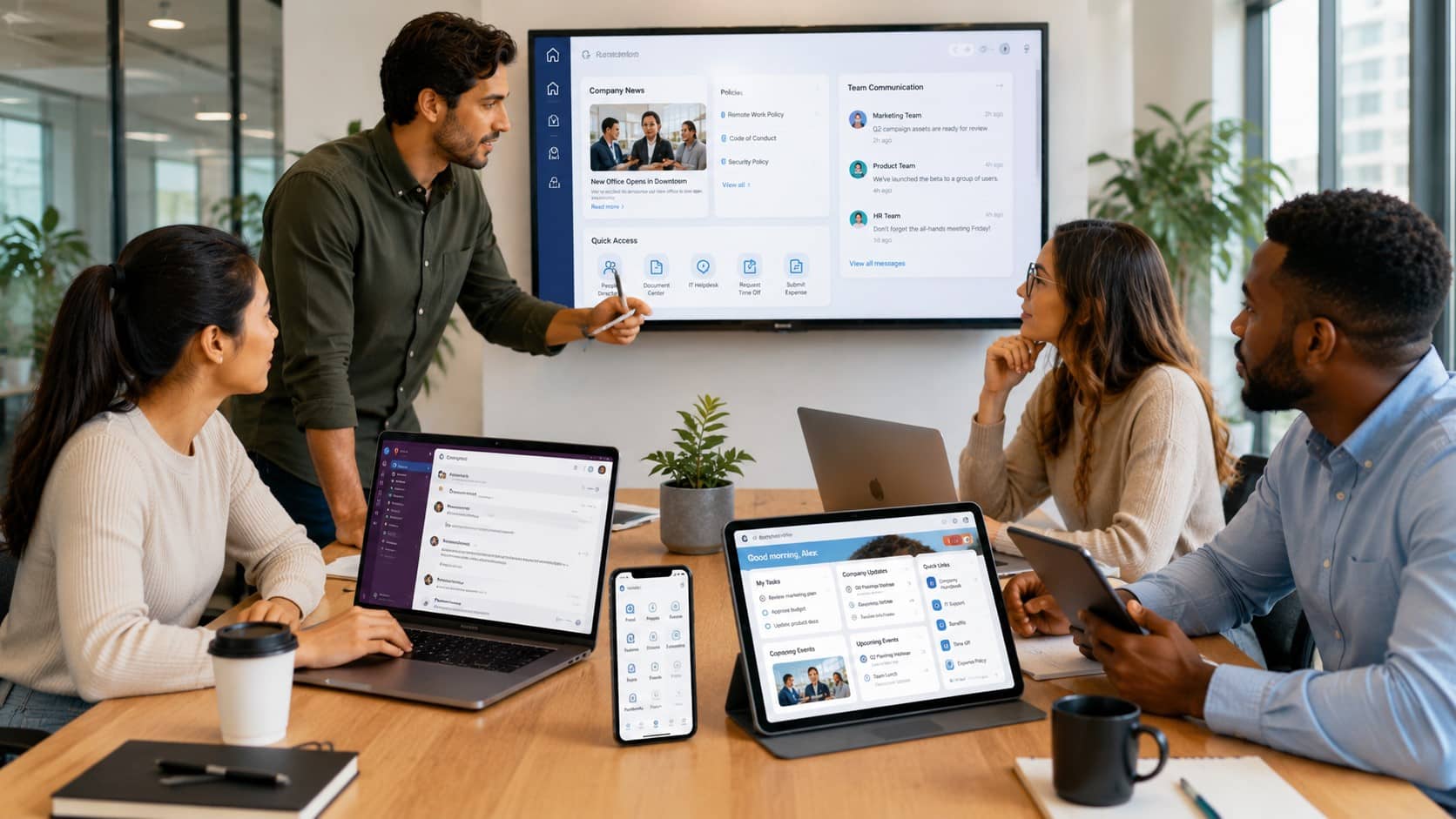 team using intranet collaboration tools for productive work