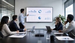 Team reviewing intranet pricing charts on a conference room screen.