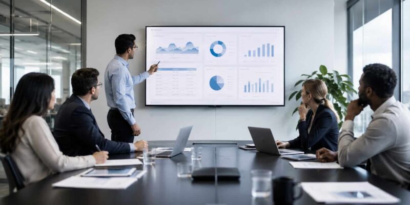 Team reviewing intranet pricing charts on a conference room screen.