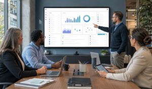 Government team reviewing a dashboard on local government communications software in a modern office meeting.
