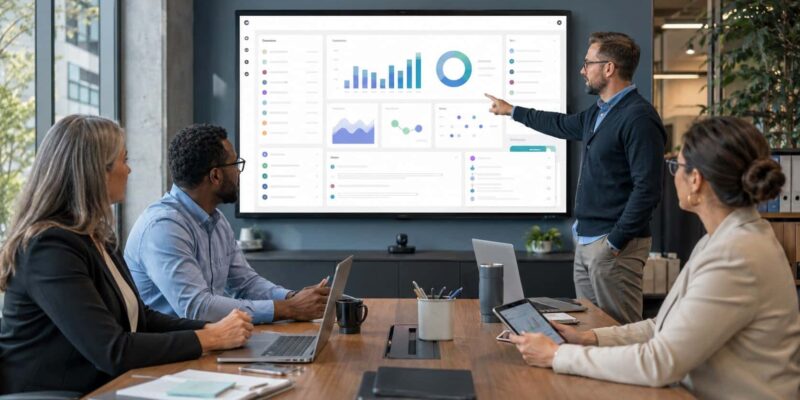 Government team reviewing a dashboard on local government communications software in a modern office meeting.
