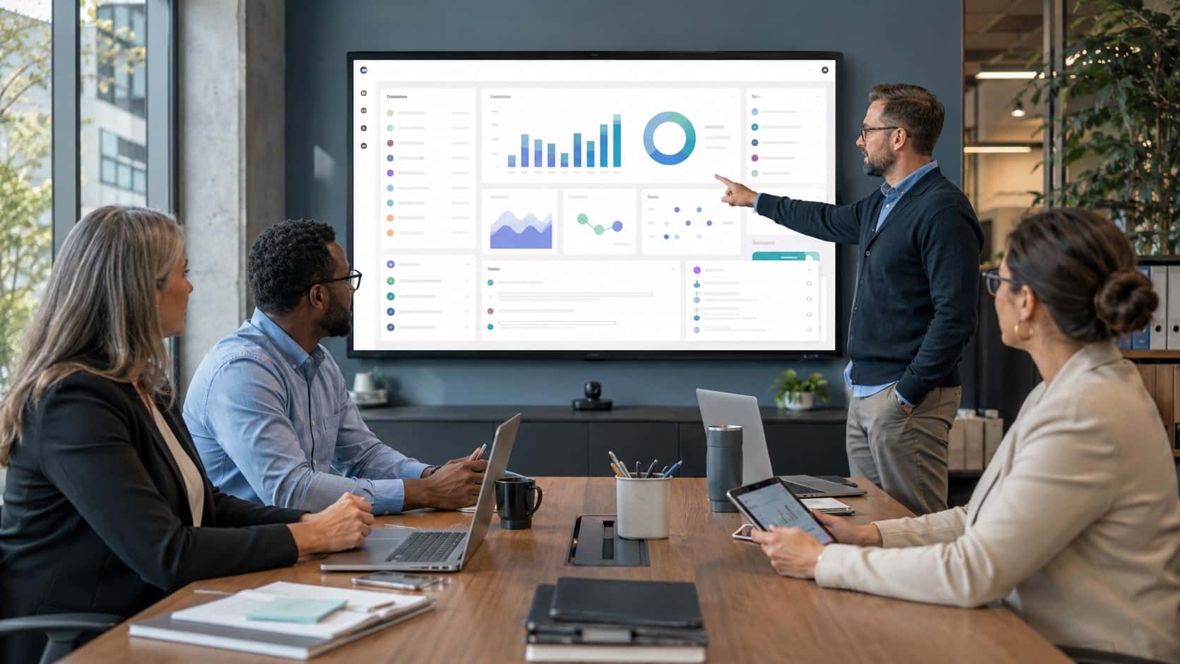 Government team reviewing a dashboard on local government communications software in a modern office meeting.