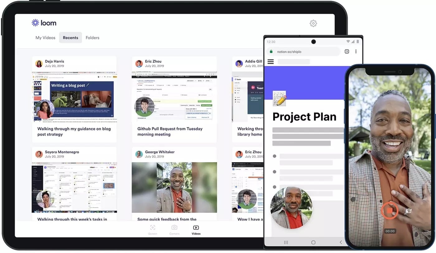 loom dashboard interface showing video recordings, mobile app, and screen recording features
