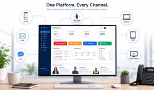 Mass Notification Software dashboard connecting mobile, desktop, tablet, digital signage, email, and frontline communication channels.