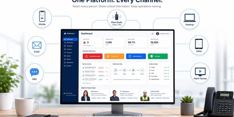 Mass Notification Software dashboard connecting mobile, desktop, tablet, digital signage, email, and frontline communication channels.